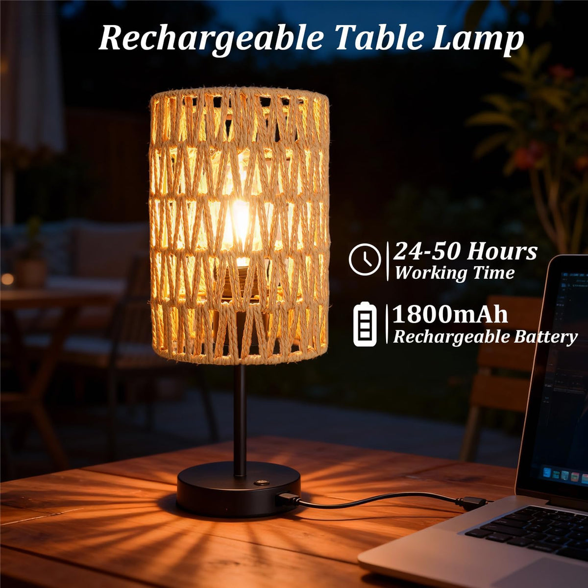 Rechargeable Outdoor Table Lamps, Rattan Boho Cordless Battery Operated Table Lamps, Patio Lamp for Living Room, Balcony, Bedside Decor- Set of 2 (Beige)