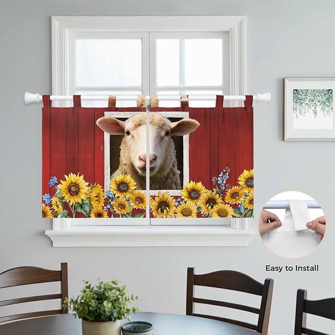 Sheep Sunflower Kitchen Curtains 24 Inch Length, Small Window Curtains Tab Top