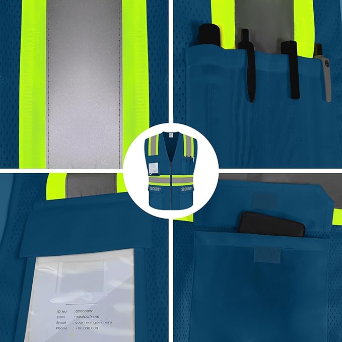 Security Vest for Men Women, High Visibility Vest with Pockets & Zipper, Neon Work Wear with Reflective Strips, ANSI Compliant, Blue, 2XL