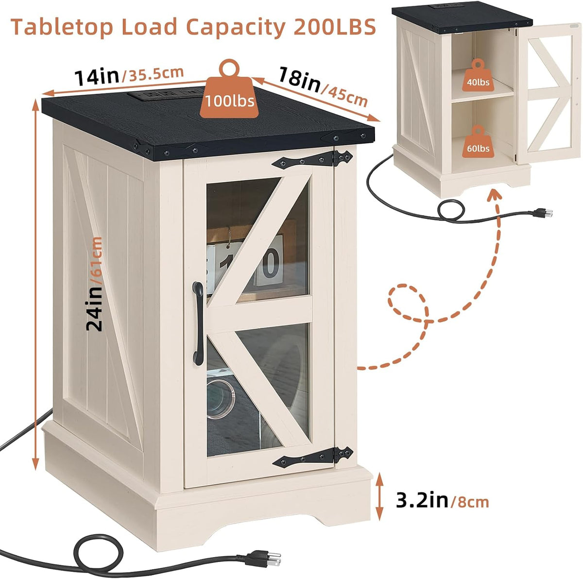 Joaxswe Narrow Night Stand with Charger Station, Glass Barn Door