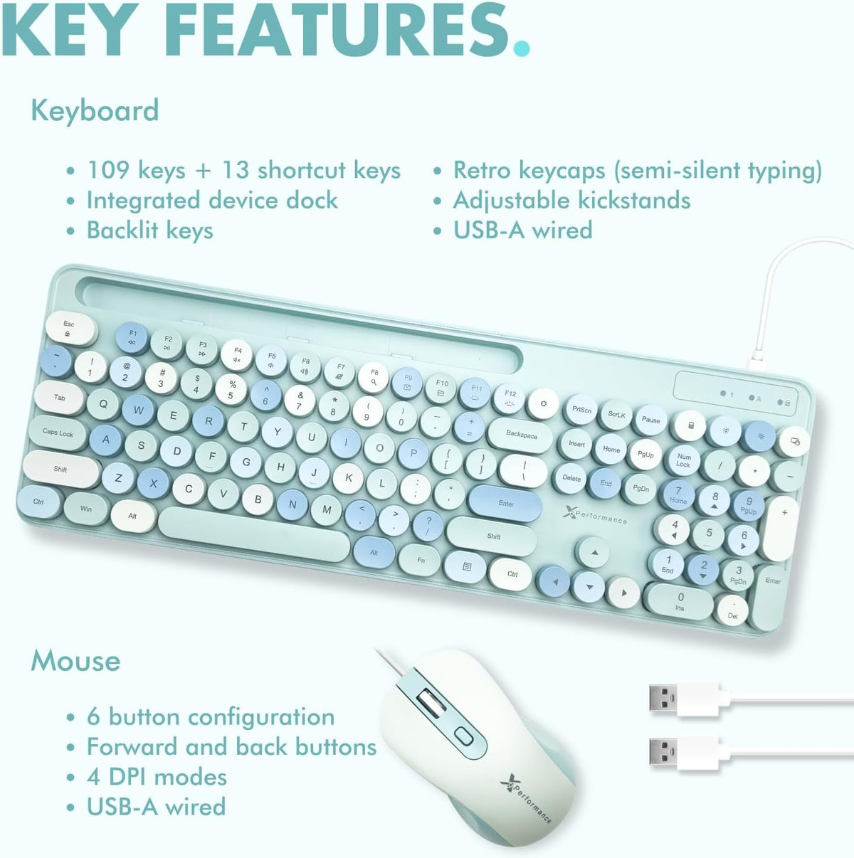 X9 Wired Keyboard and Mouse Combo with Backlight - Retro Typewriter Round Keycaps, Phone/Tablet Dock, 109 Fullsize Keys, Cute Colorful Blue Keyboard, Pastel Keyboard for Laptop, PC and Chromebook