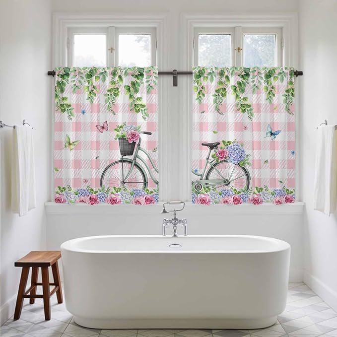 Spring Kitchen Curtains, Bicycles Leaves Butterfly Flowers Pink Buffalo Plaid