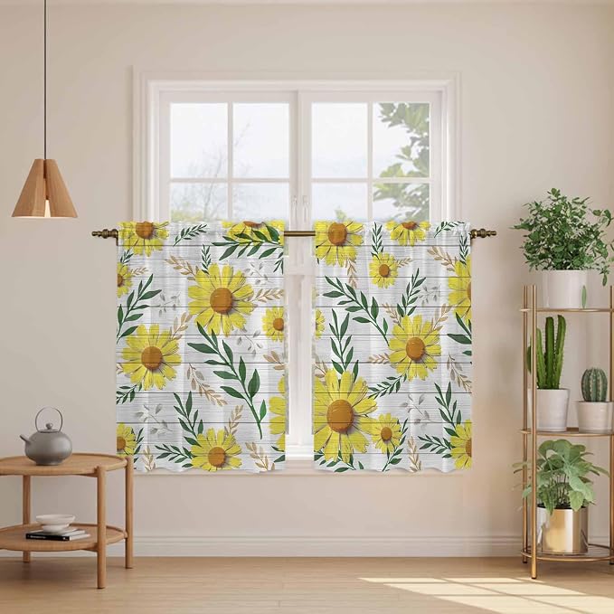Yellow Daisy Kitchen Curtains, Farmhouse Country Flower Leaf Plant Wood Grain