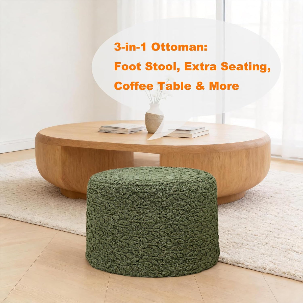 Poofieotto Round Pouf Ottoman, Couch Footrest,Forest Green, 20 x 20 x 14 in