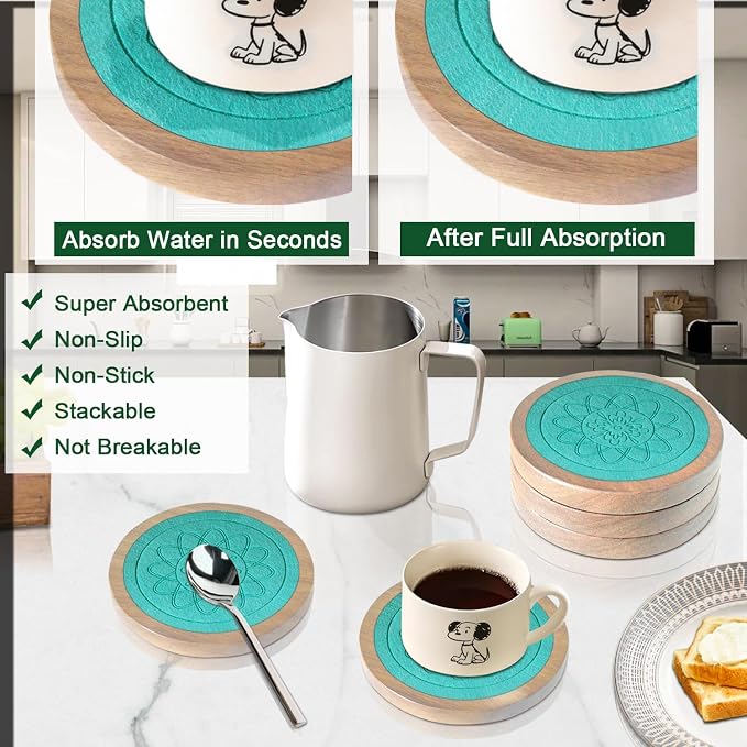 Wood Coasters for Drinks, Minacun Absorbent Coaster Sets of 5, Drinks Coasters