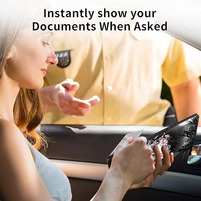 Car Registration and Insurance Holder, Leather Car Glove Box Organizer, Cool Car Accessories for ID, Driver's License Cards & Essential Document, business cards, Men&Women,Skull Flower
