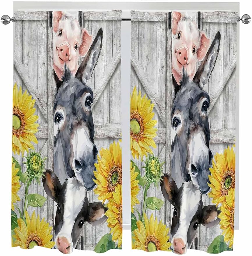 Farmhouse Bedroom Curtains 63 Inches length, Watercolor Sunflowers Animals