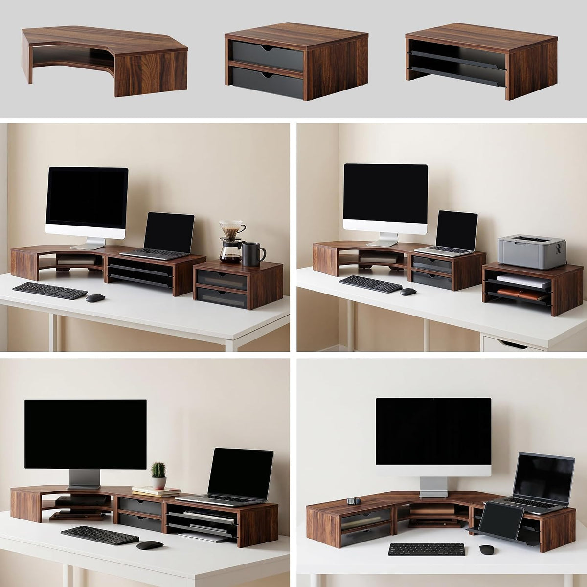 Fenge Dual Monitor Stand, Corner Desk Shelf with Drawer & Slide-Out Tray