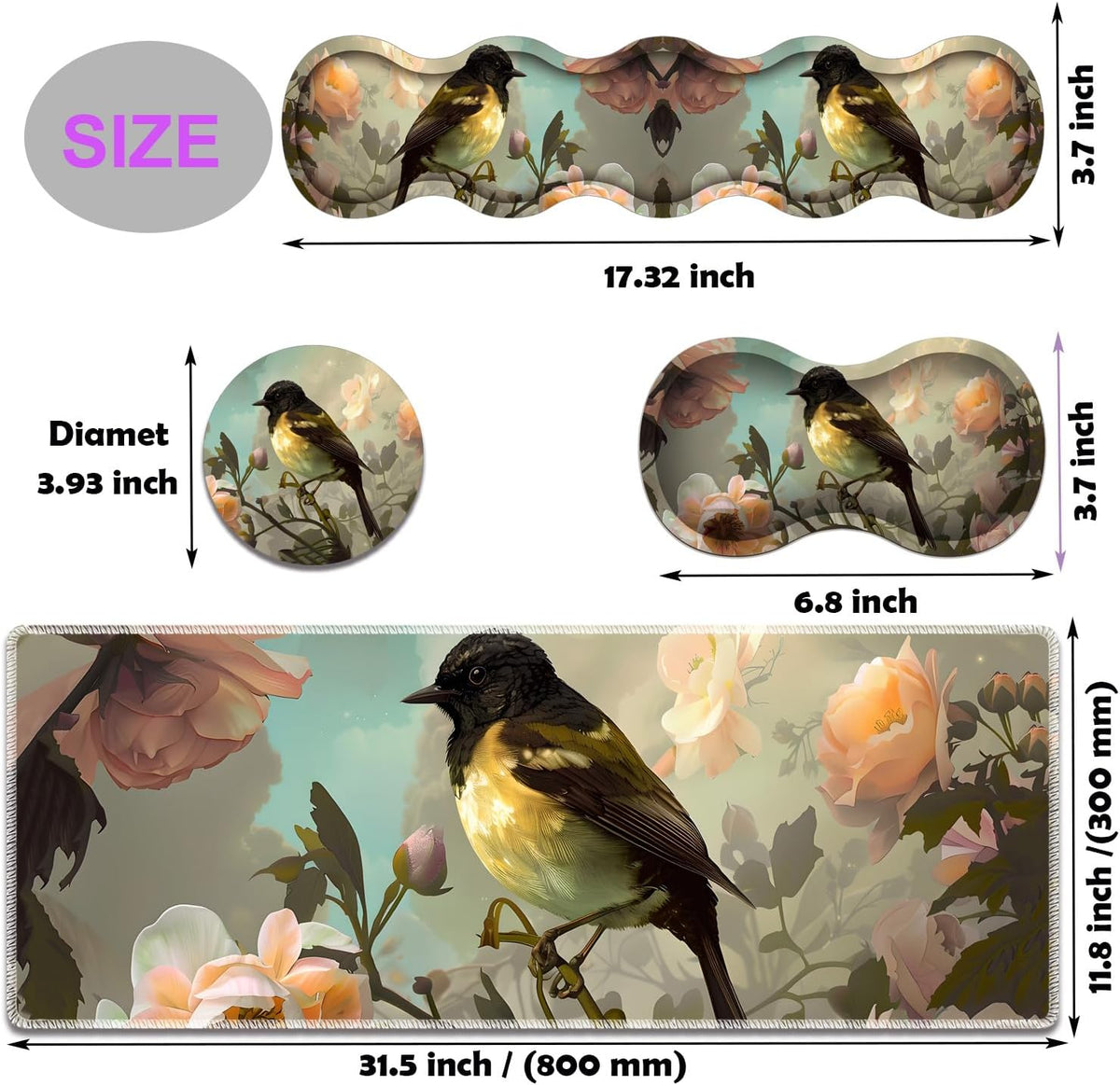 Large Gaming Mouse Pad, Keyboard Wrist Rest Pad + Mouse Wrist Pad + Coaster 4 in 1 Set, Extended Waterproof Non-Slip Desk Mat, Suitable for Office Home Learning Games, Cute Bird