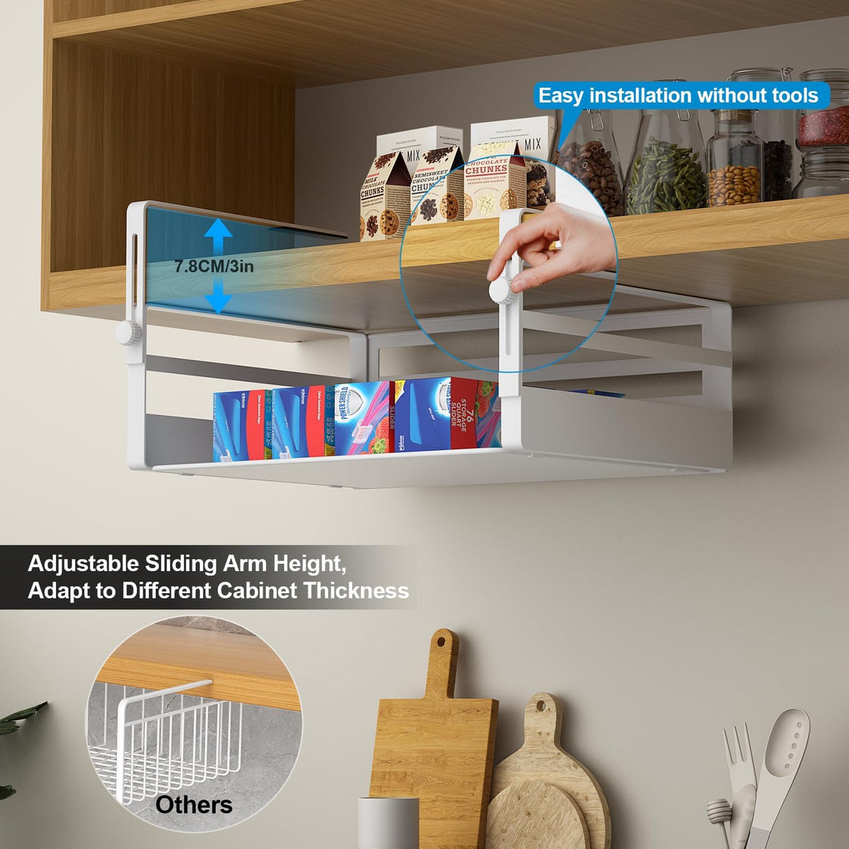 AmonHouseware 2 Pack Under Shelf Storage Basket Organizer,Adjustable Hanging Under Cabinet Add-on Storage Racks Slide-in Baskets Organizer for Laundry Room Kitchen Pantry Desk Bookshelf, White
