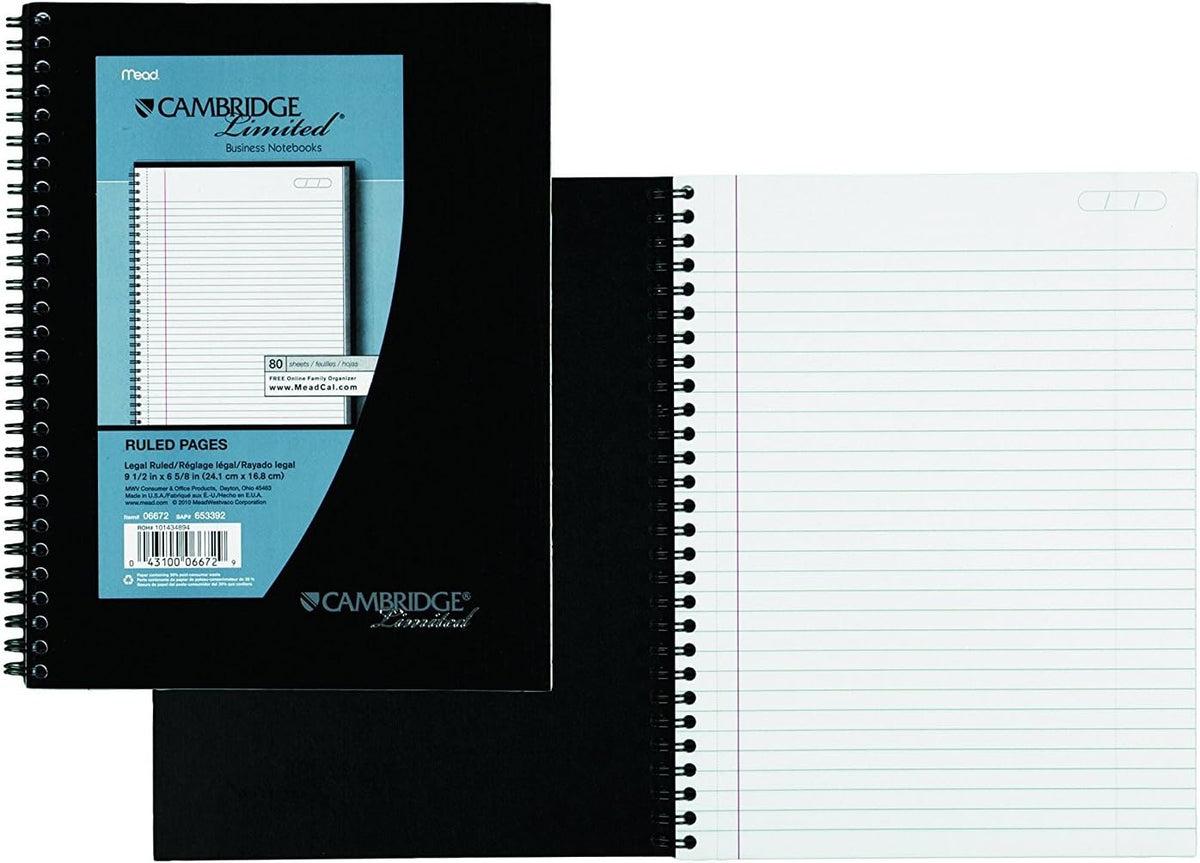 6 Pack of Mead Cambridge Wirebound Business Notebook, Legal Rule, 6 5/8 x 9 1/2 Inches, White, 80 Sheets per Pad (06672)