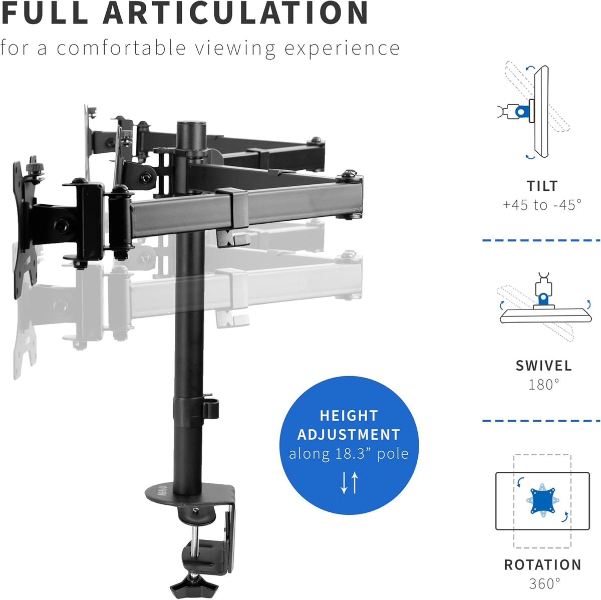VIVO Triple Monitor Adjustable Desk Mount, Articulating Tri Stand, Holds 3 Screens up to 24 inches, Black, STAND-V003Y