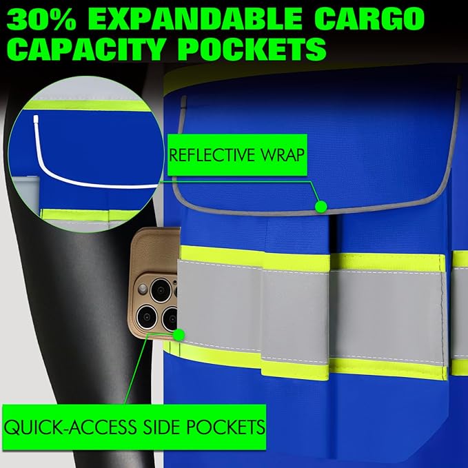 BeautyWill Custom Logo Safety Vest 8 Pockets Class2 ANSI Certified High Visibility Reflective Vest for Men - Personalized Logo Heavy-Duty Work Vest（Blue，4XL）