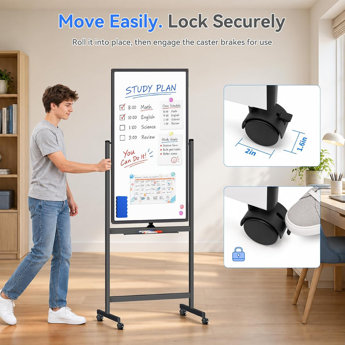 Maxtek Magnetic White Board on Wheels 40x24 Black Mobile Double-Sided Board