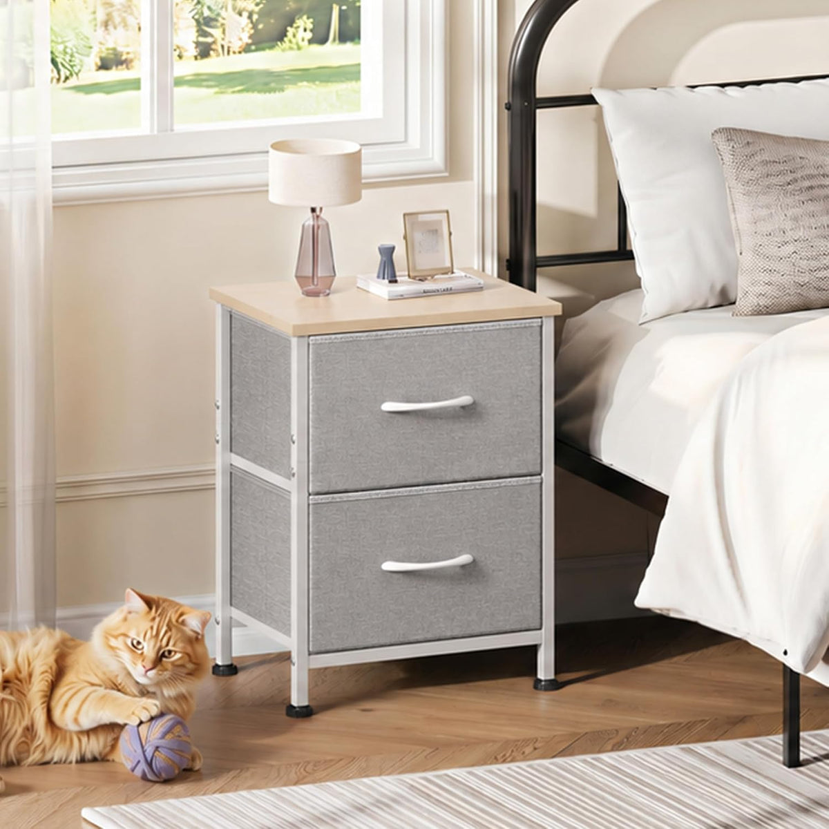 WLIVE Night Stand, Gray Nightstand with 2 Fabric Drawers, Small Dresser for Bedroom, Closet, College Dorm, End Table Side Furniture, Wood Top, Light Grey