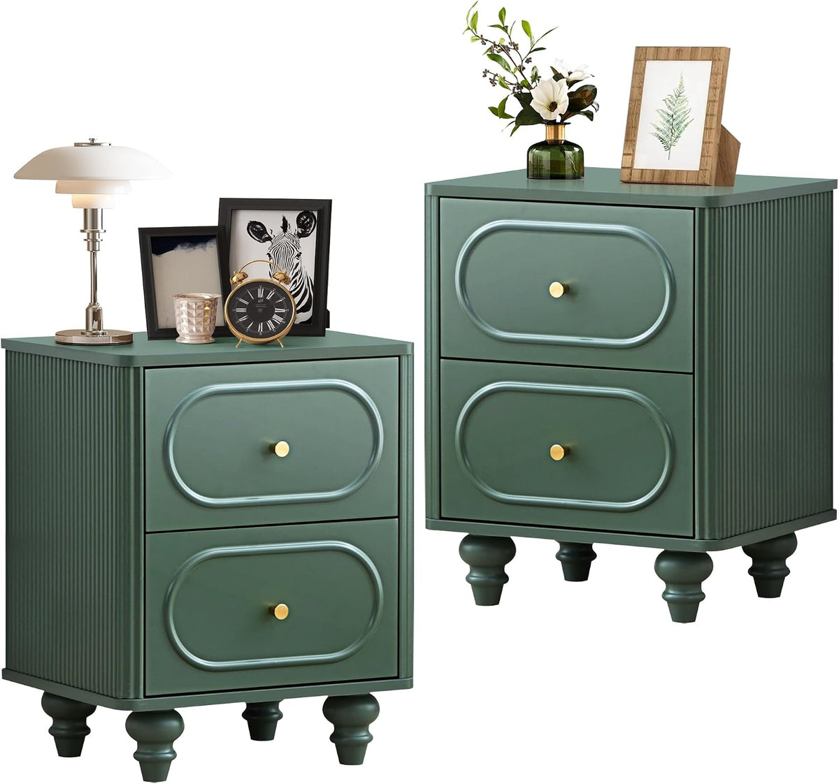 ORRD 2 Drawer Fluted Mini Small Dresser for Bedroom Set of 2, Mid Century Modern Nightstand Bedside End Table, Wood Storage Dresser Organizer for Bedroom, Green