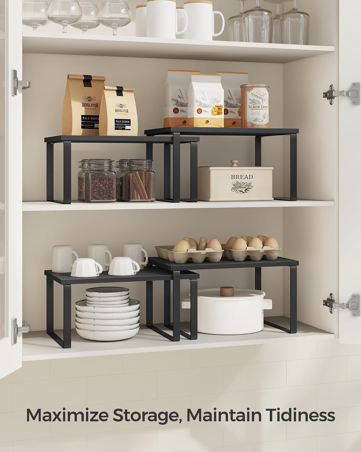 SONGMICS Cabinet Organizer Shelf, Set of 4, Stackable, Expandable