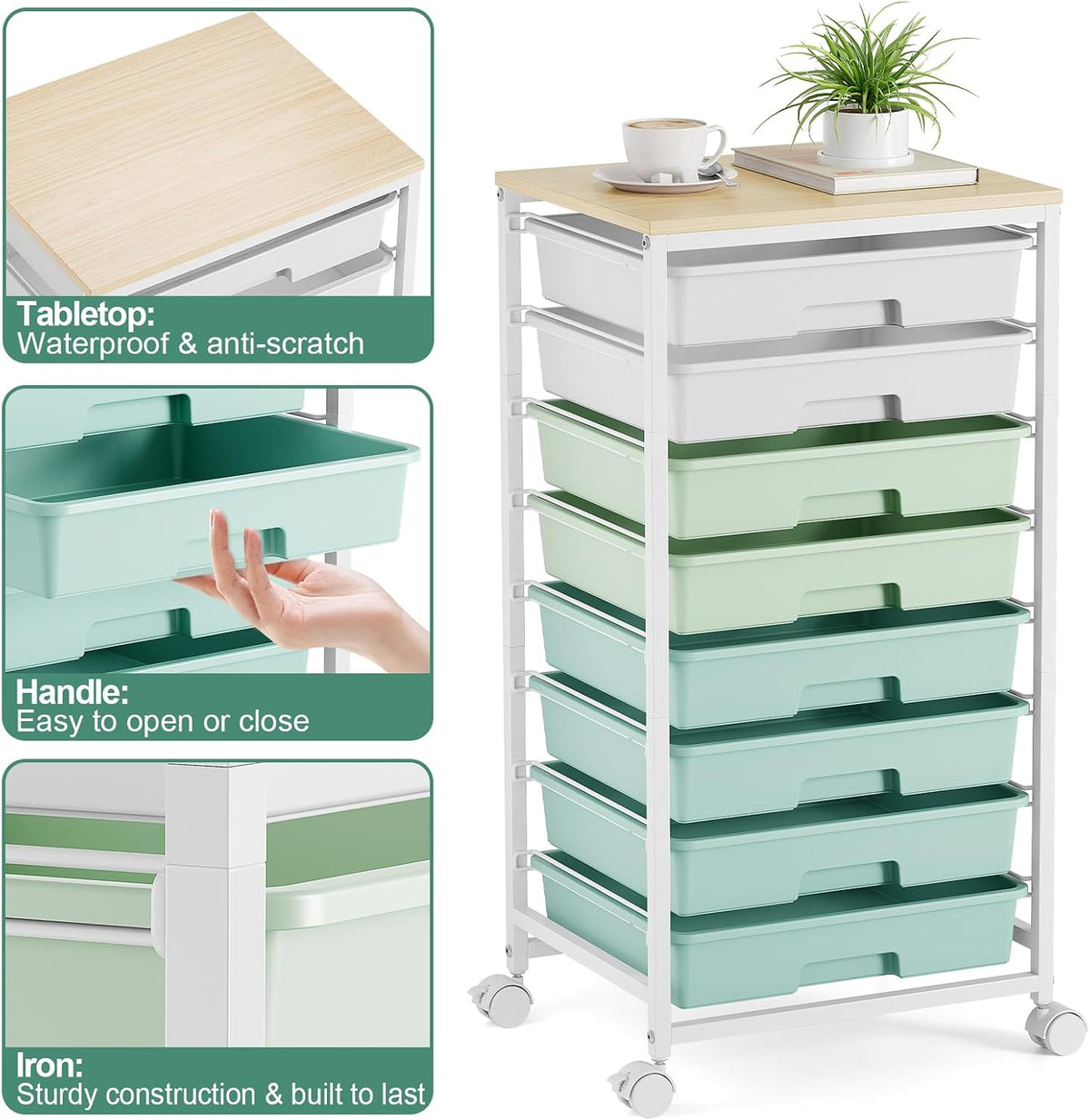 Storage Cart with 8 Drawers, Utility Cart with White Drawers and Wooden Tabletop, Craft Cart, Teacher Organization for Classroom, Storage Furniture, Office Organization, Green
