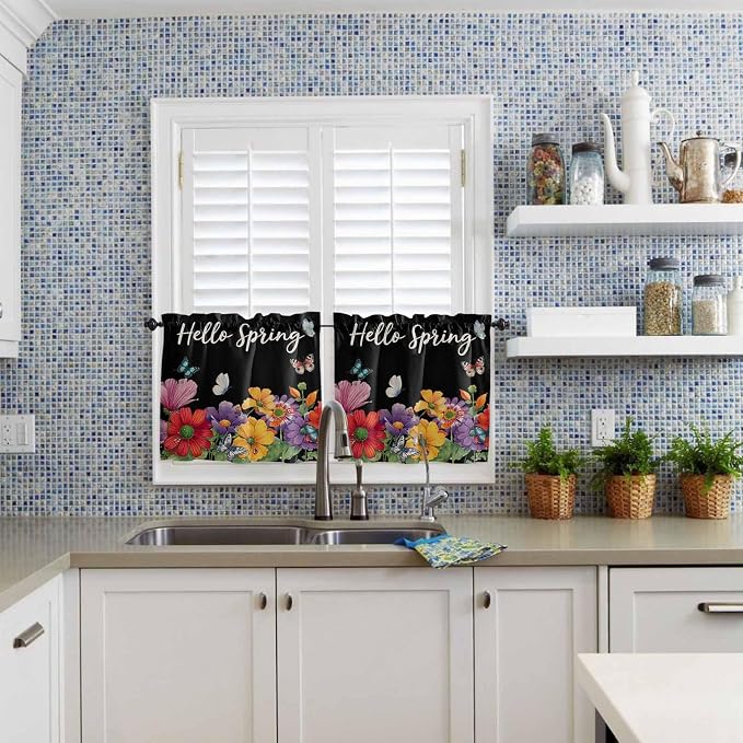 Spring Flowers Half Window Curtain 36 Inches Long, Watercolor Country Colorful