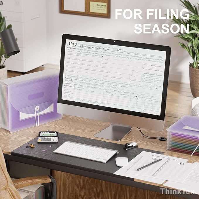 ThinkTex Accordion File Organizer, 12 - Pocket Expanding File Folders for Paper Receipts, Bills&Taxes Organizer, Letter/A4 Size Document Holder for School, Office, Home with Colorful tabs-Purple