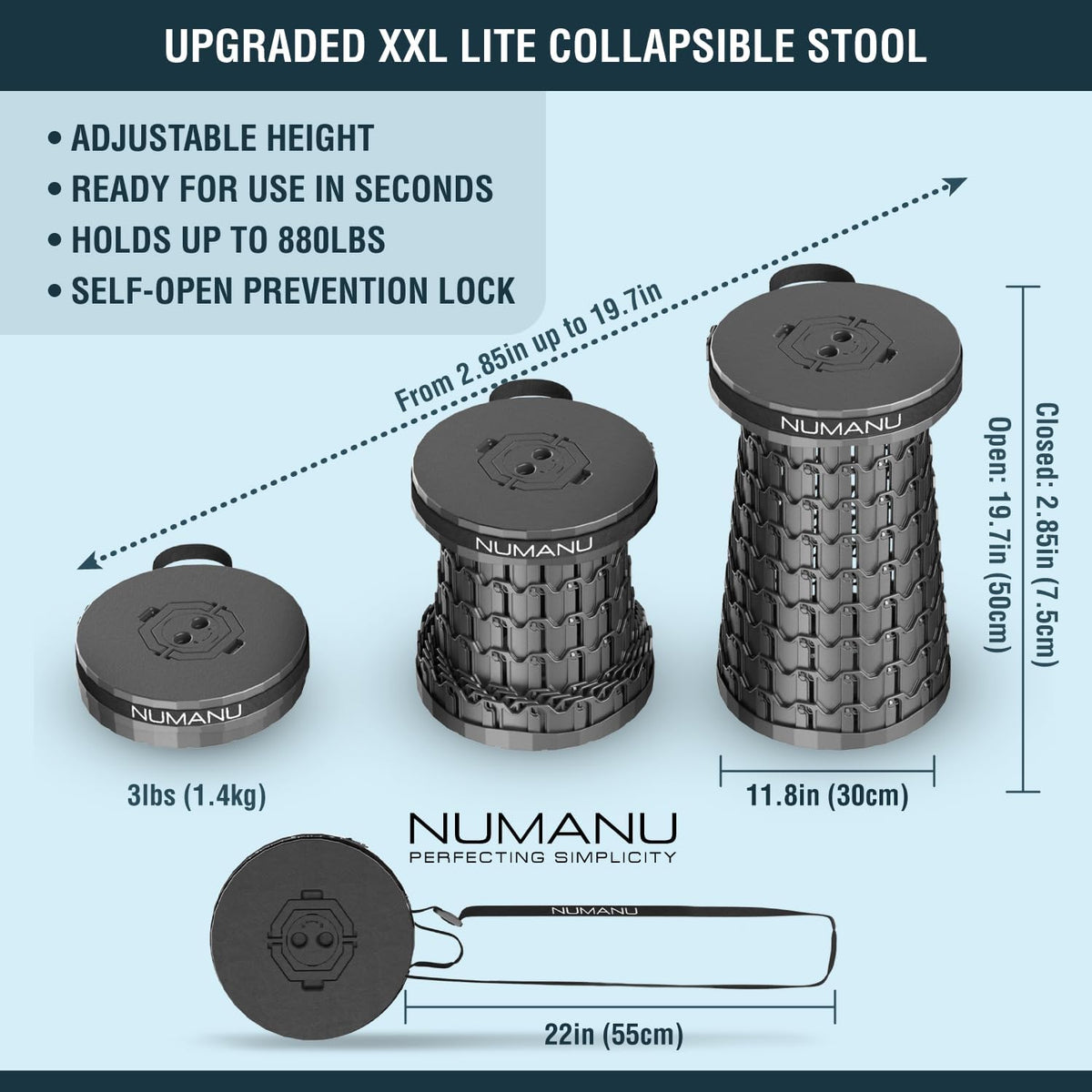NUMANU XXL Lite Collapsible Stool, 3-in-1 Cushion + Bag, 880 lbs, Round