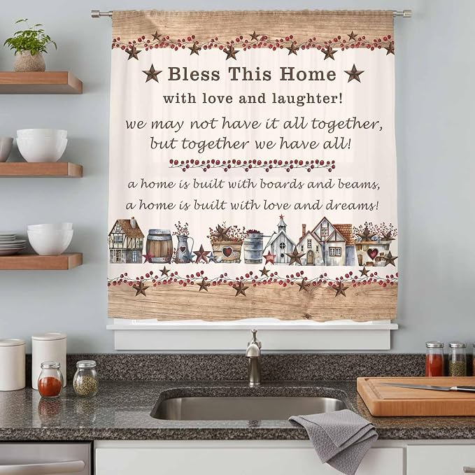 Farmhouse Sheer Curtains 45 Inch Length Country Star Barn Berry Brown Wood