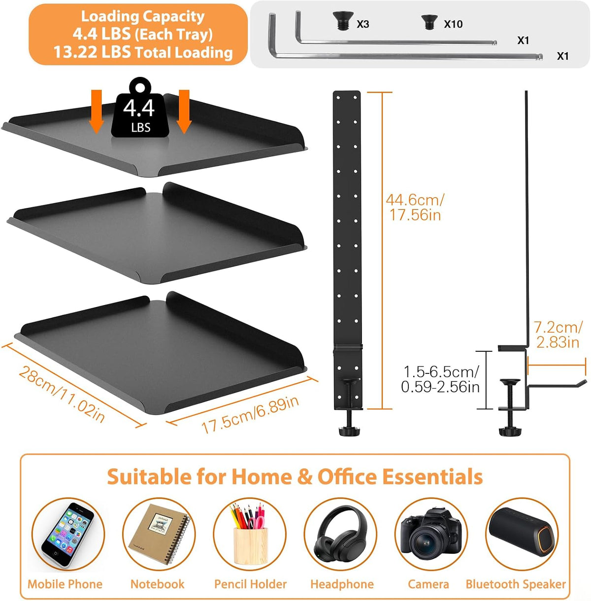 3 Tier Clamp On Desk Shelf, No Drill Desk Extension Shelving Unit with Adjustable Metal Trays & Headphone Stand Above or Under Desk Storage, Heavy Duty Desktop Storage Rack for Home Office