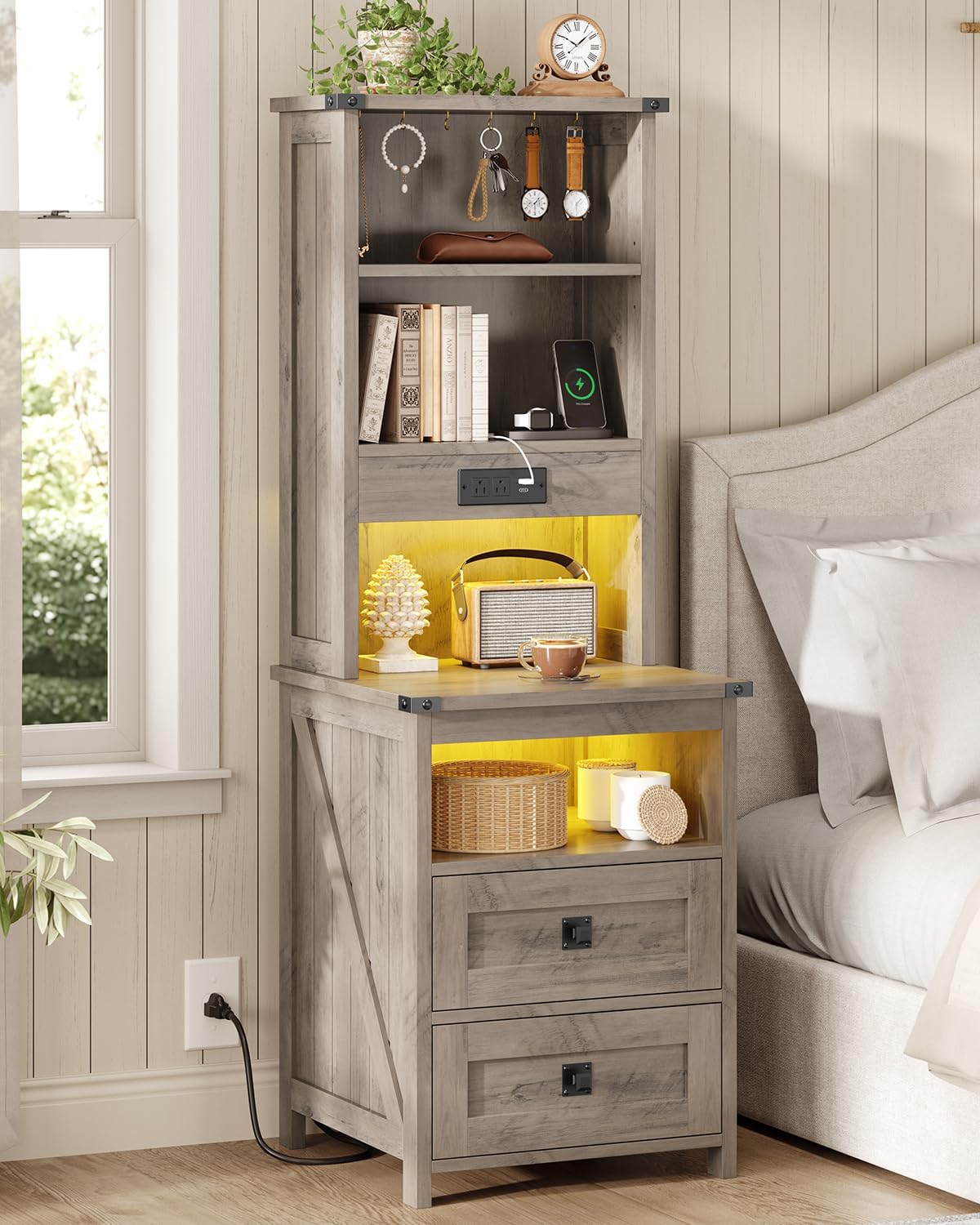 Farmhouse Tall Nightstand with Charging Station and 2 Drawers,Led Night Stand with Bookshelf,Bedside End Side Table with 6 Hooks and Storage Shelves for Bedroom,Grey