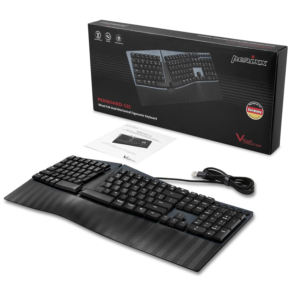 Perixx PERIBOARD-535BR [Firmware Updated] Wired Ergonomic Mechanical Keyboard - Full-Size - Low-Profile Brown Tactile Switches - NKRO Anti-Ghosting - Compatible with Windows and macOS