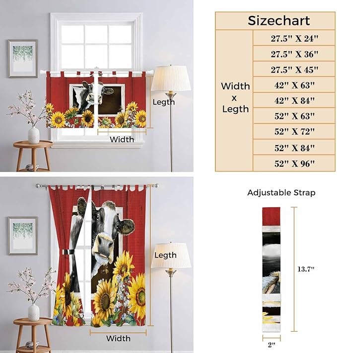 Cows Sunflowers Living Room Curtains 84 Inch Length, Window Curtains Tab Top