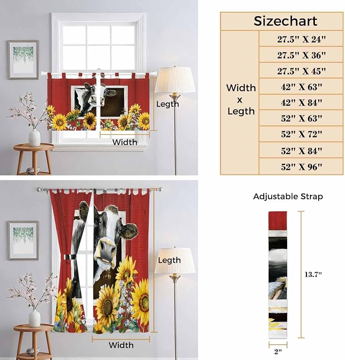 Cows Sunflowers Bathroom Curtains 63 Inch Length, Window Curtains Tab Top