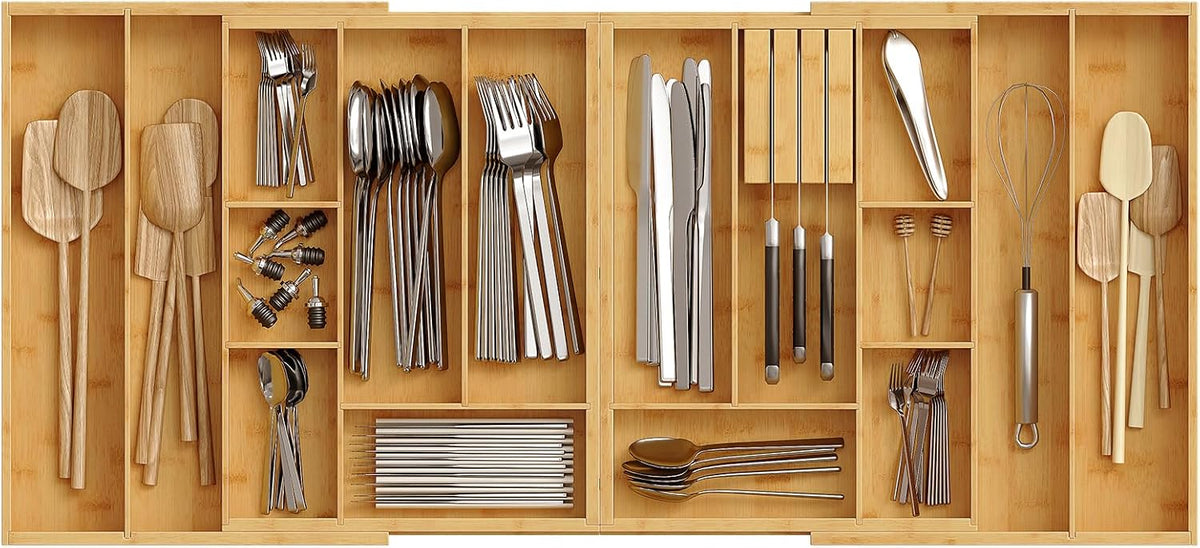 HOOBRO Large Silverware Organizer Kitchen Drawer Organizer, Magnetic Connected Expandable Utensil Organizer From 22.8 to 35.4 Inches, Bamboo 16 Slots Cutlery Tray with Knife Holder, Natural YL07TL01