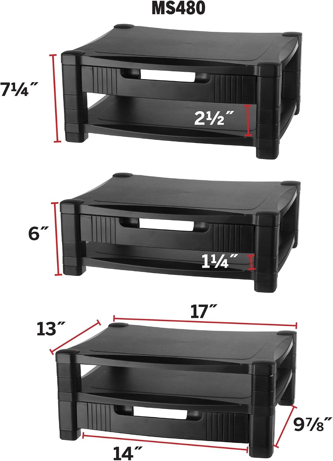 Kantek Two-Level Monitor Stand, 17" X 13.25" X 3.5" To 7", Black, Supports 50 Lbs