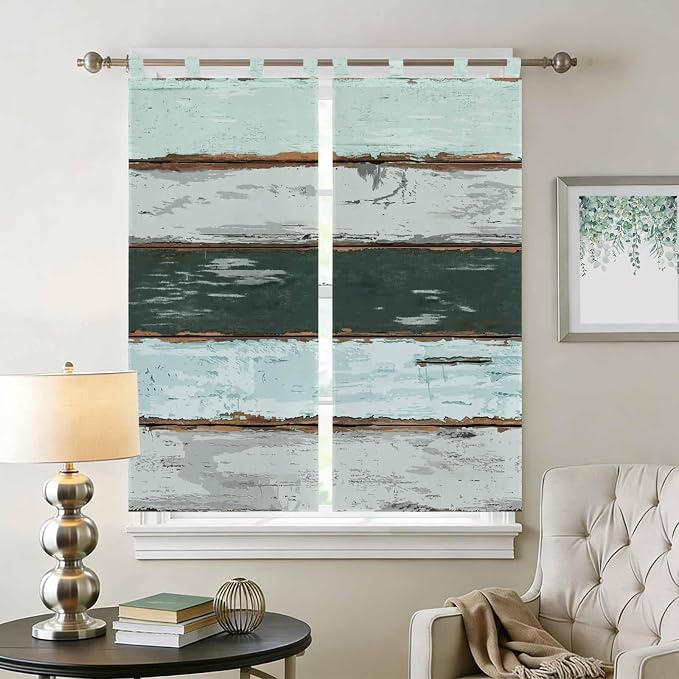 Blue Teal Bathroom Curtains 63 Inch Length, Window Curtains Tab Top, Vintage