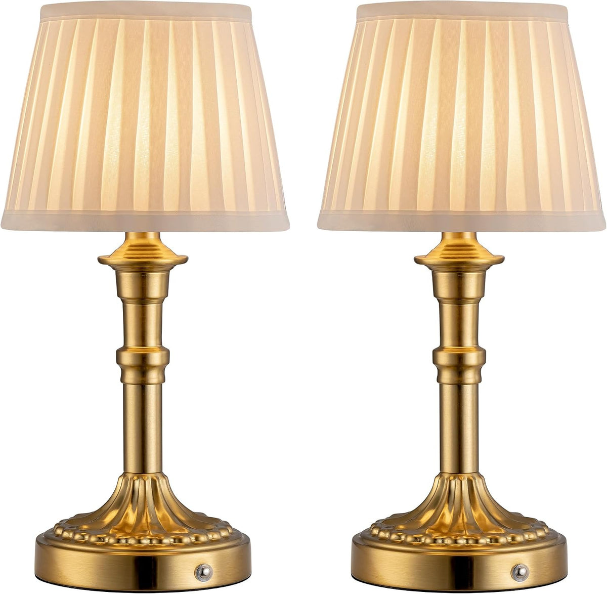KDG Gold Cordless Table Lamps Set of 2, Beige Fabric Shade Small Desk Lamp