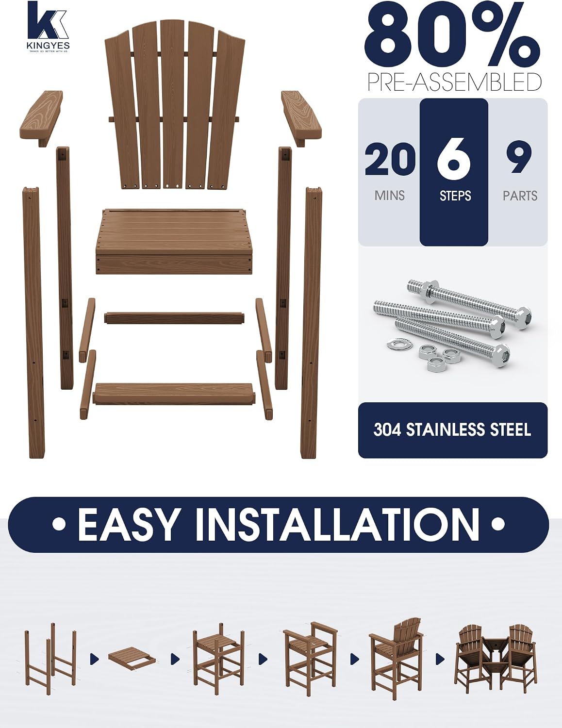 KINGYES Tall Adirondack Chair Set of 2 with Double Connecting Trays, Brown