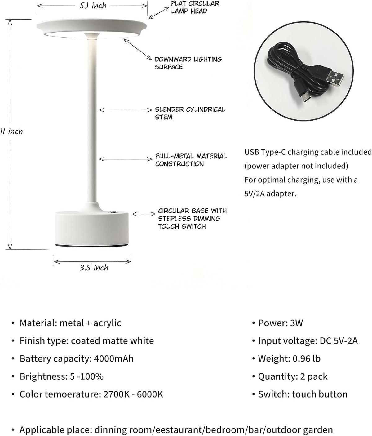 PUSU Rechargeable Table Lamps Set of 2, White Cordless Portable Desk Lamp