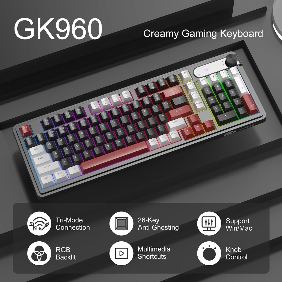 MageGee GK960 Wireless Keyboard, 98 Keys Tri-Mode BT/2.4G/Wired Membrane Gaming Keyboard, RGB Creamy Keyboard with Number Pad, Knob Control, 4000mAh Battery - White & Black
