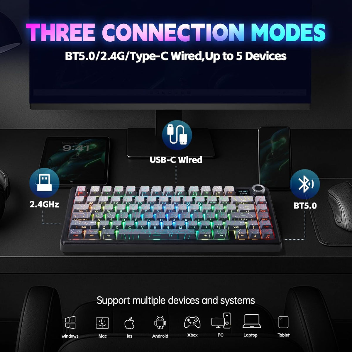 LEOBOG x Aula F75 MAX Wireless Gaming Keyboard w/Smart Display & Knob,75% Hot Swappable Custom Mechanical Keyboard, RGB Backlit,Pre-lubed Linear Switches,Side Printed PBT Topographic Keycaps(Grey)