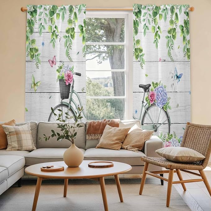 Spring Kitchen Curtains, Bicycles Botanical Rose Leaves Butterfly Wood Grain