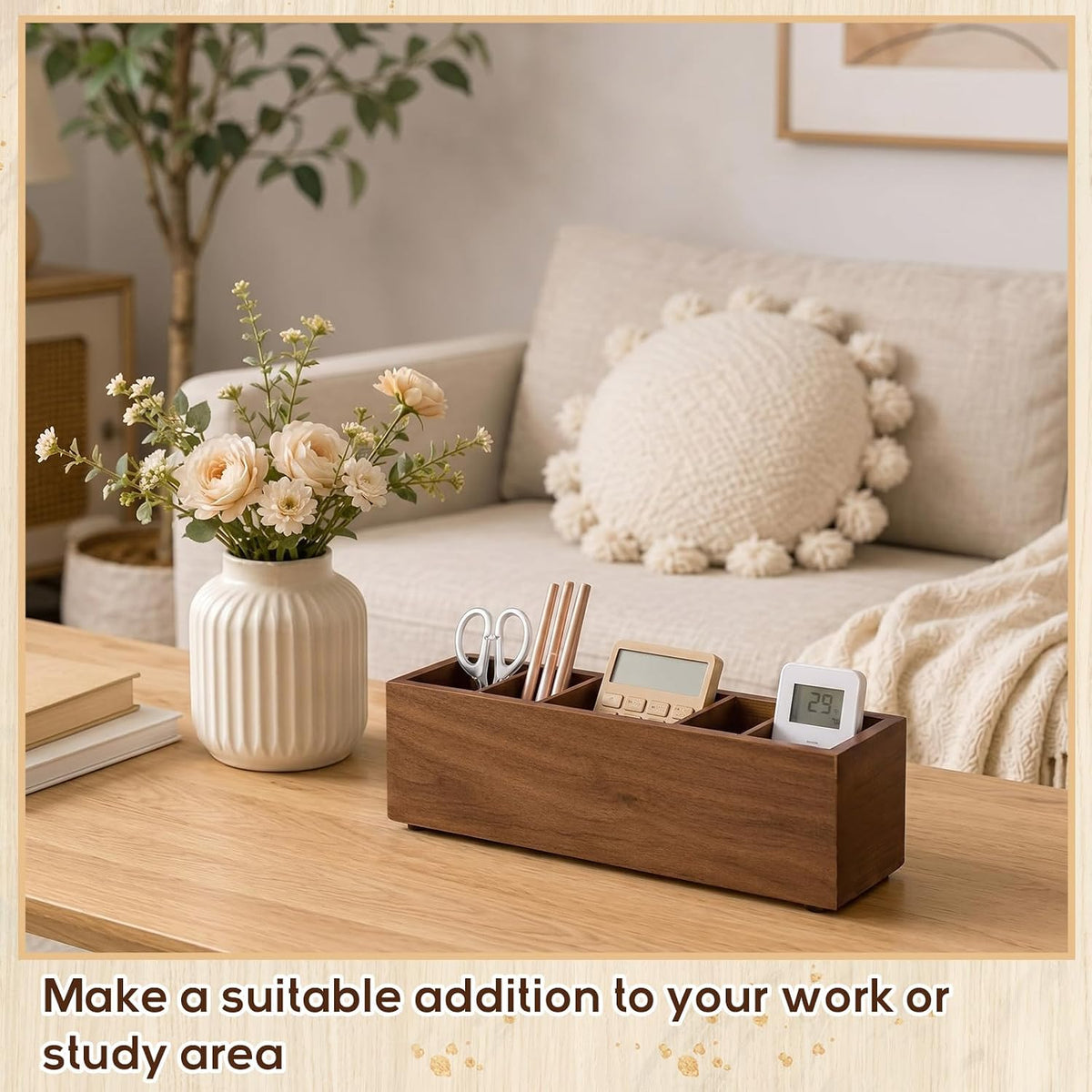 Jetec Wooden Pencil Pen Holder for Desk, Walnut, 6 Compartments