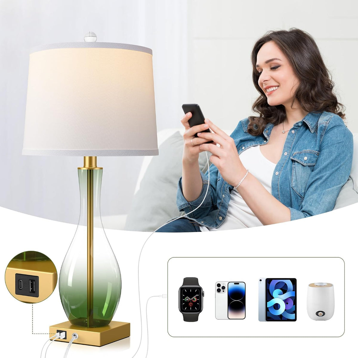 27" Glass Table Lamps Set of 2, Touch Dimming Nightstand Lamp with USB Port
