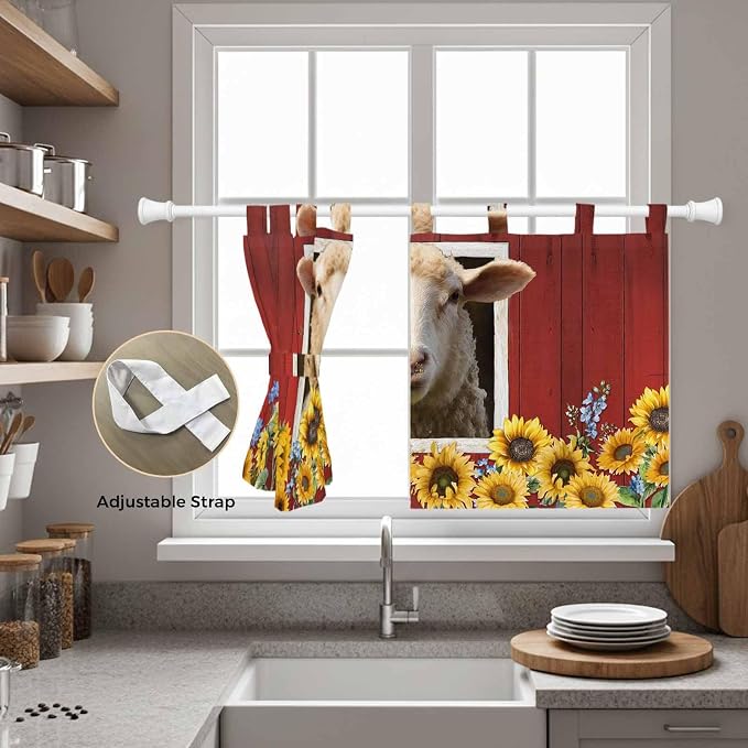 Sheep Sunflower Kitchen Curtains 24 Inch Length, Small Window Curtains Tab Top