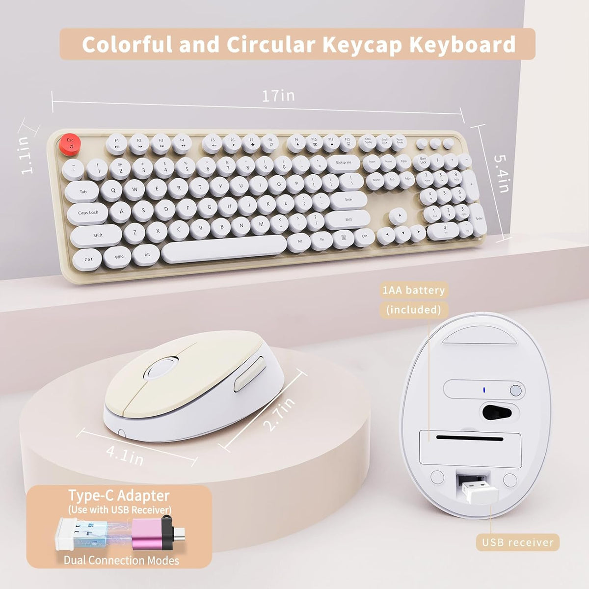 Wireless Keyboard and Mouse Combo, Ergonomic Full Size Typewriter Retro Round Keycaps Keyboard, Compatible with Windows, PC, Perfer for Home and Office Keyboards (Beige