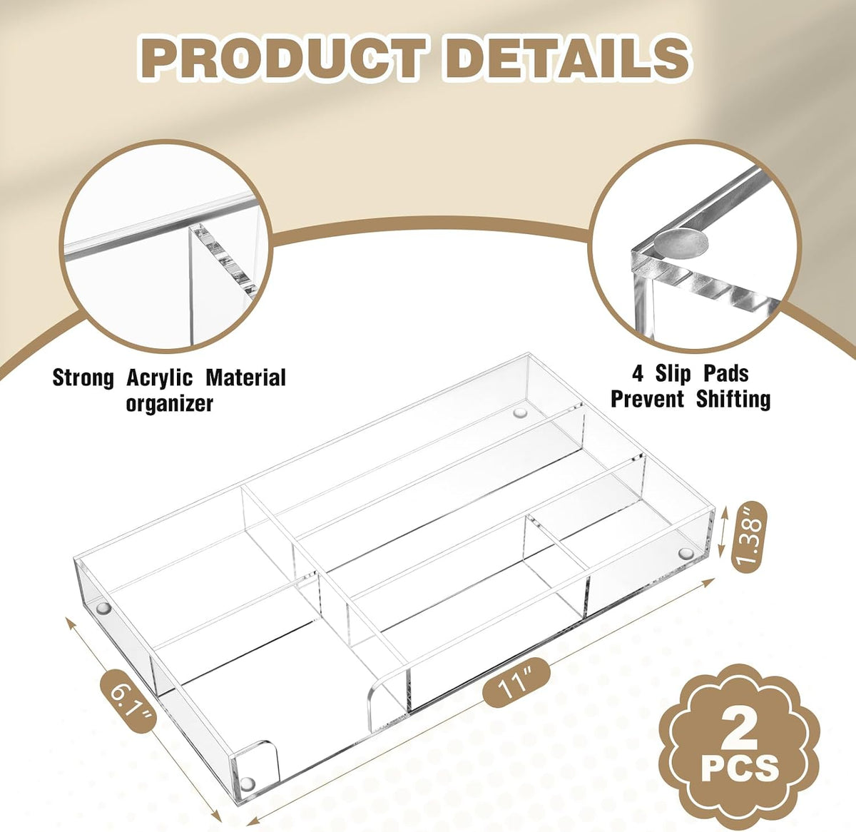 Briwooody 2 Pcs Acrylic Drawer Organizer, 11 x 6 x 1.38'', 6 Compartments