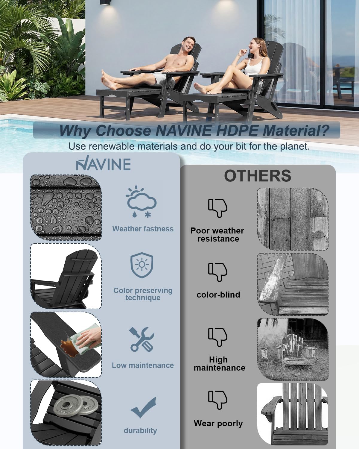 NAVINE Adjustable Adirondack Chair Set of 2 with Retractable Ottoman, Black