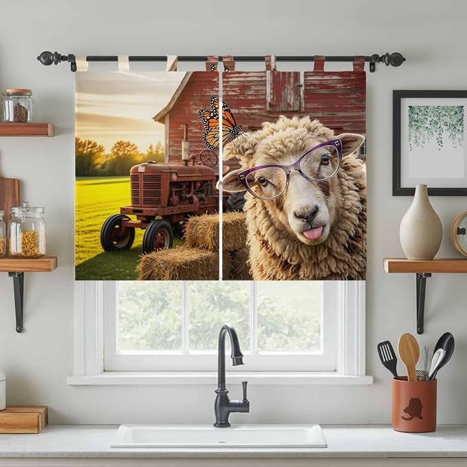 Farm Sheep Kitchen Curtains 45 Inch Length, Short Cafe Window Curtains Tab Top