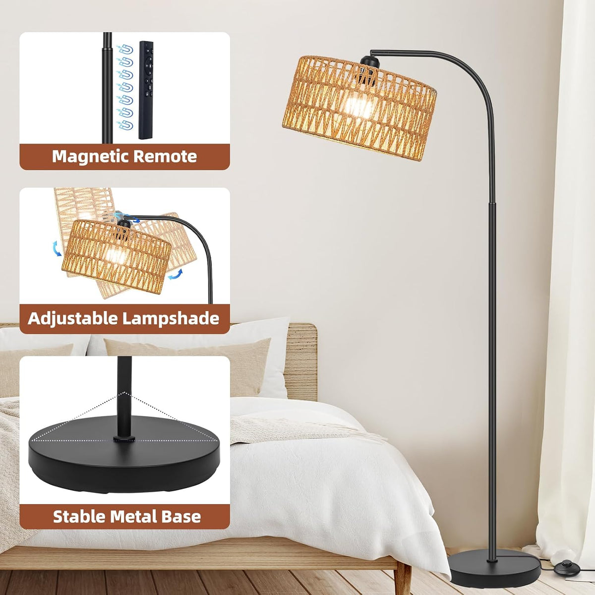 Rattan Floor Lamps for Living Room with Dimmable 9W LED Bulb Farmhouse