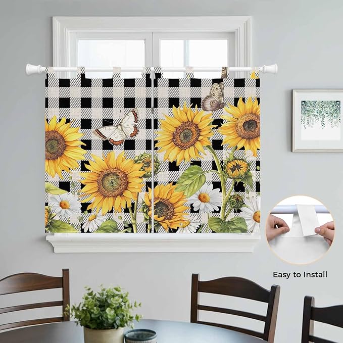 Sunflowers Kitchen Curtains 45 Inch Length, Short Cafe Window Curtains Tab Top