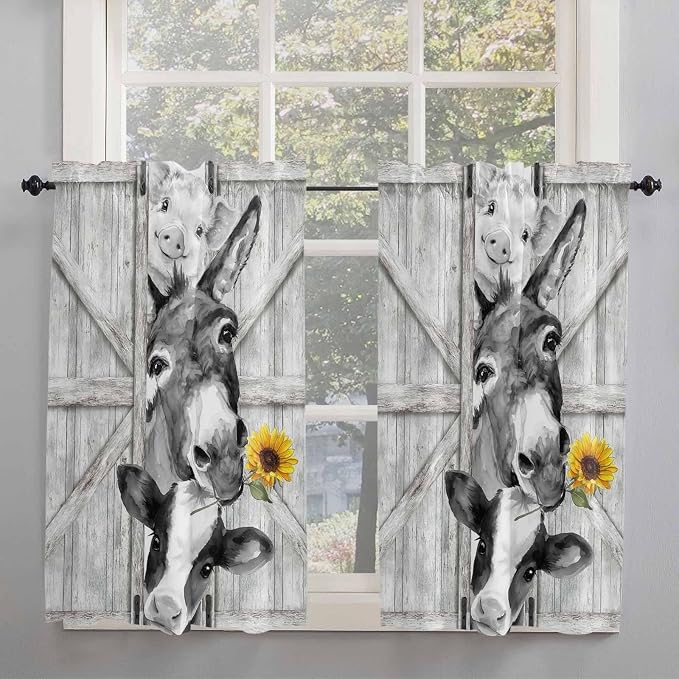 Grey Farmhouse Kitchen Curtains 54 Inches Length, Vintage Sunflowers Animals